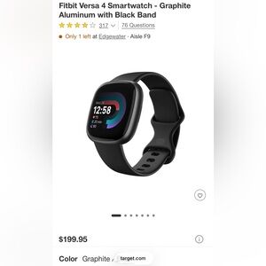 Fitbit Versa 4 Smartwatch - Graphite Black w/ Charger!